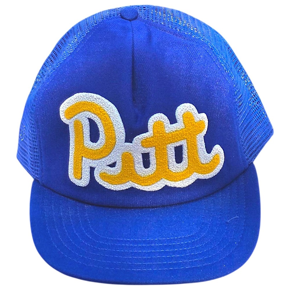 Vintage Pitt Snapback Hat Blue Gold Script Raised Flocked Letters Mesh...